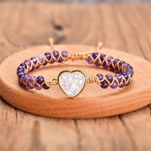 Amethyst Handmade Braided Heart Opal Charm 2 strand Healing Reiki Women Bracelet